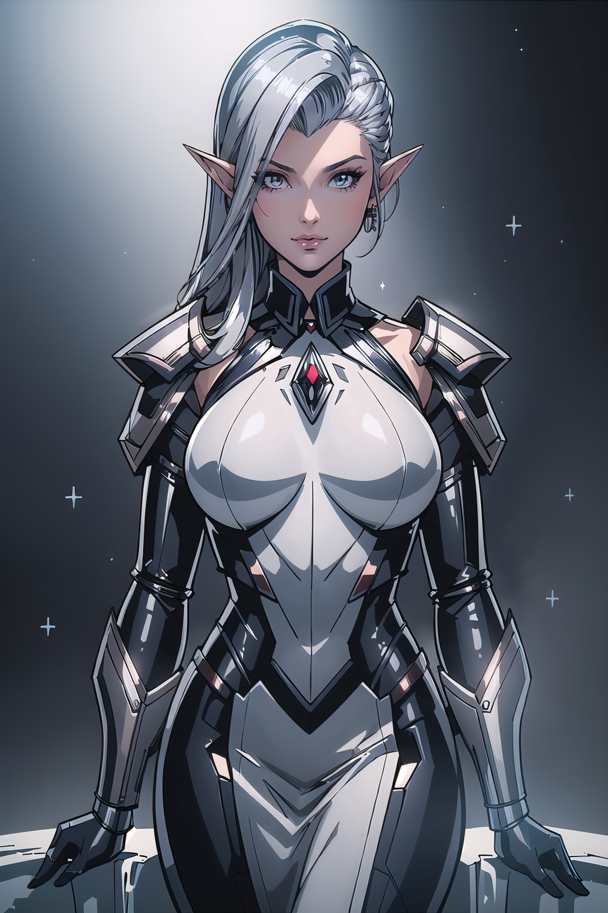 (masterpiece, best_quality, ultra-detailed, immaculate:1.3), epic, illustration, elf sci-fi warpriest  villainess, pauldro...